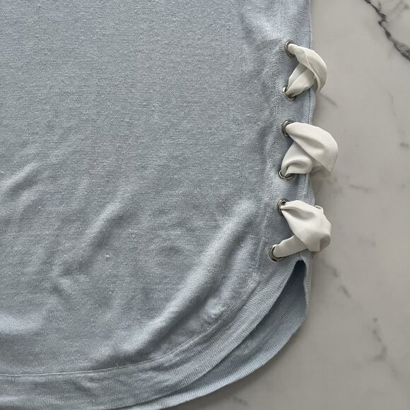 Lisa Todd Linen Sweater Blue Sz M Knit Top Long Sleeve Lace-Up Side Spring Chic - Picture 5 of 9